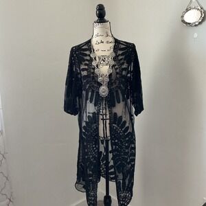 Black Lace Kimono Cardigan Sheer Duster Open Front Boho‎ Festival One Size